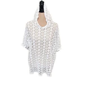 Fashion Basics White Cotton Crochet Hooded Swim Cover-Up Coquette Knit Size 1X